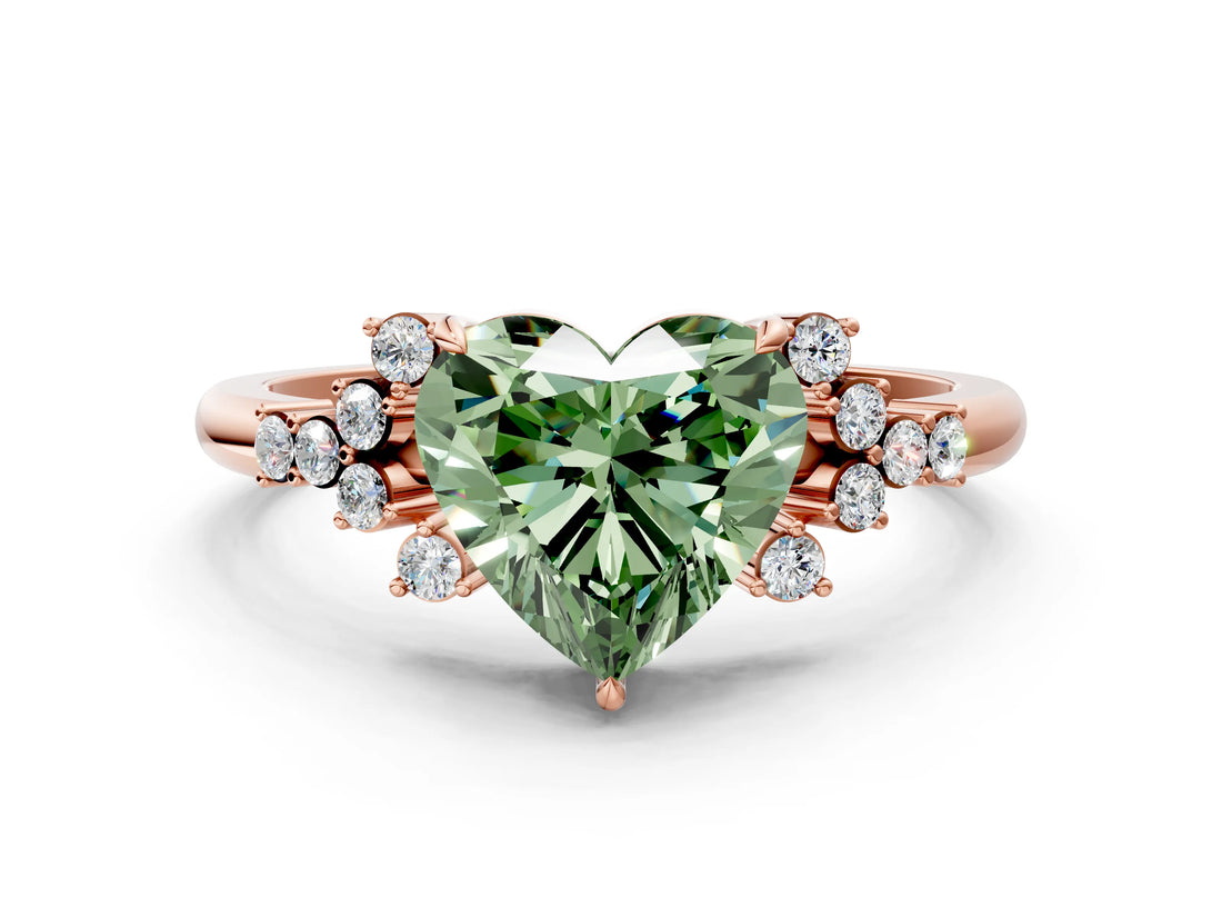 Rose gold Fancy Green Heart Cut Diamond Ring with Side Stones and Four-Prong Setting_58