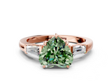 Rose gold Fancy Green Heart  Cut Diamond Ring with Tapered Baguette Side Stones in Four-Prong Setting