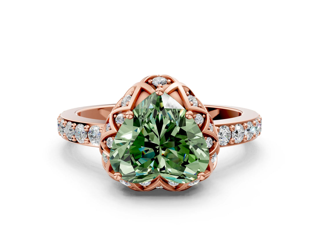 Rose gold Fancy Green Heart Cut Diamond Scalloped Halo Engagement Ring with Round Shared Prong Band_12