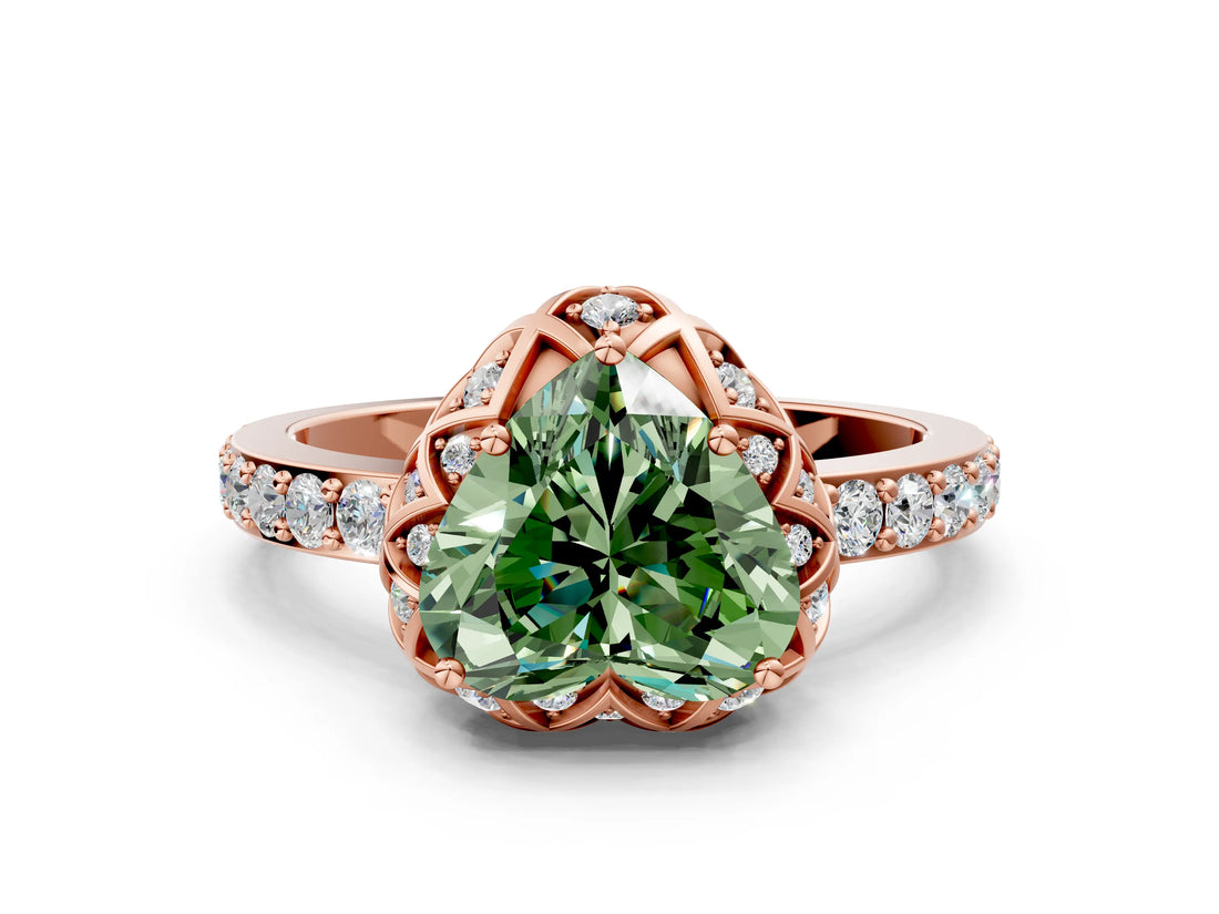 Rose gold Fancy Green Heart Cut Diamond Scalloped Halo Engagement Ring with Round Shared Prong Band_24