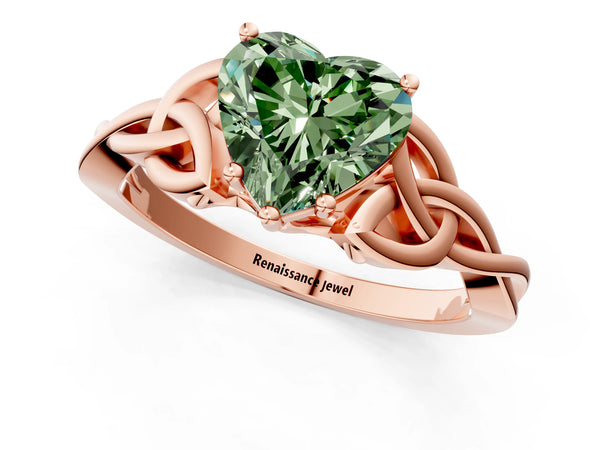 Rose gold Fancy Green Heart Cut Diamond Solitaire Celtic Knot Ring with Four-Prong Setting