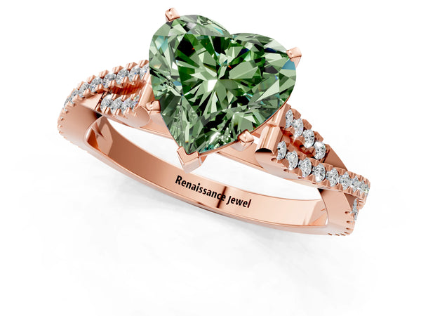 Rose gold Fancy Green Heart Cut Diamond Solitaire Engagement Ring with Twisted Pavé Band and Four-Prong Setting