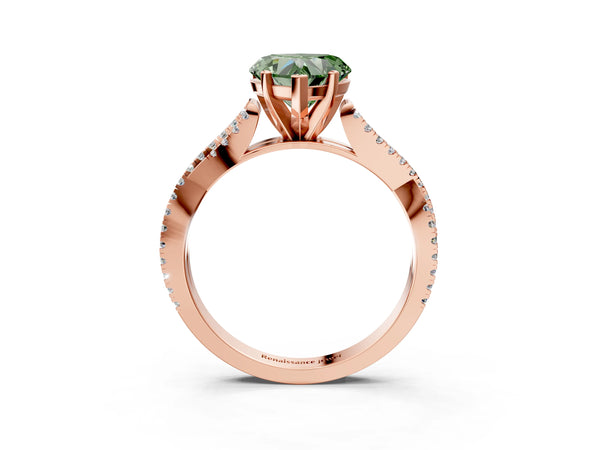 Rose gold Fancy Green Heart Cut Diamond Solitaire Engagement Ring with Twisted Pavé Band and Four-Prong Setting
