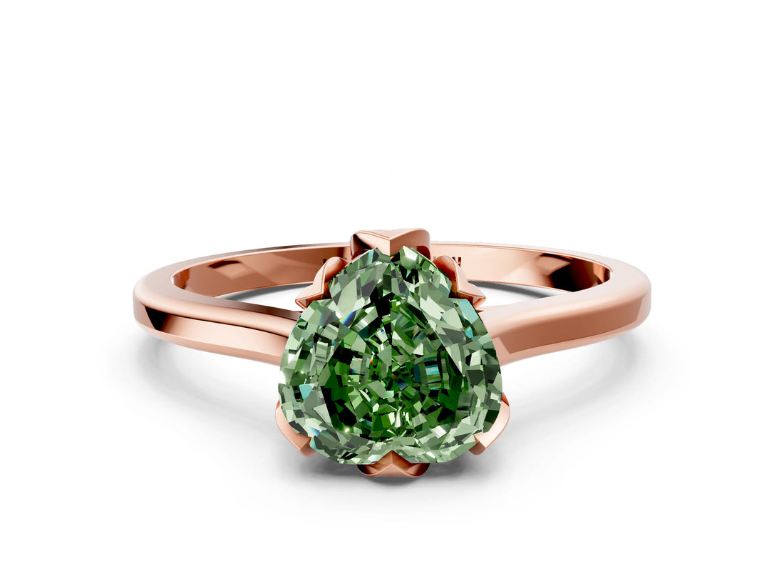 Rose gold Fancy Green Heart Cut Diamond Solitaire Ring with Flower Prong Setting and Classic Band_12