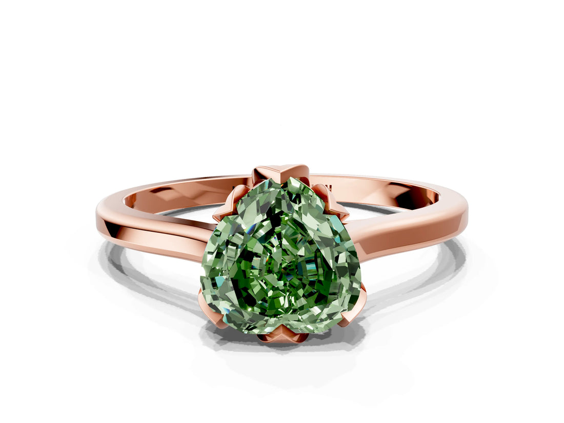 Rose gold Fancy Green Heart Cut Diamond Solitaire Ring with Flower Prong Setting and Classic Band_36