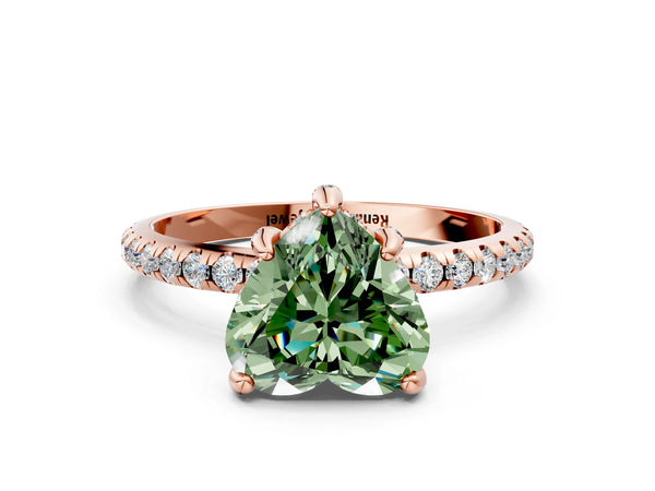 Rose gold Fancy Green Heart Cut Diamond Hidden Halo Engagement Ring with Round Pavé Band and Prong Setting