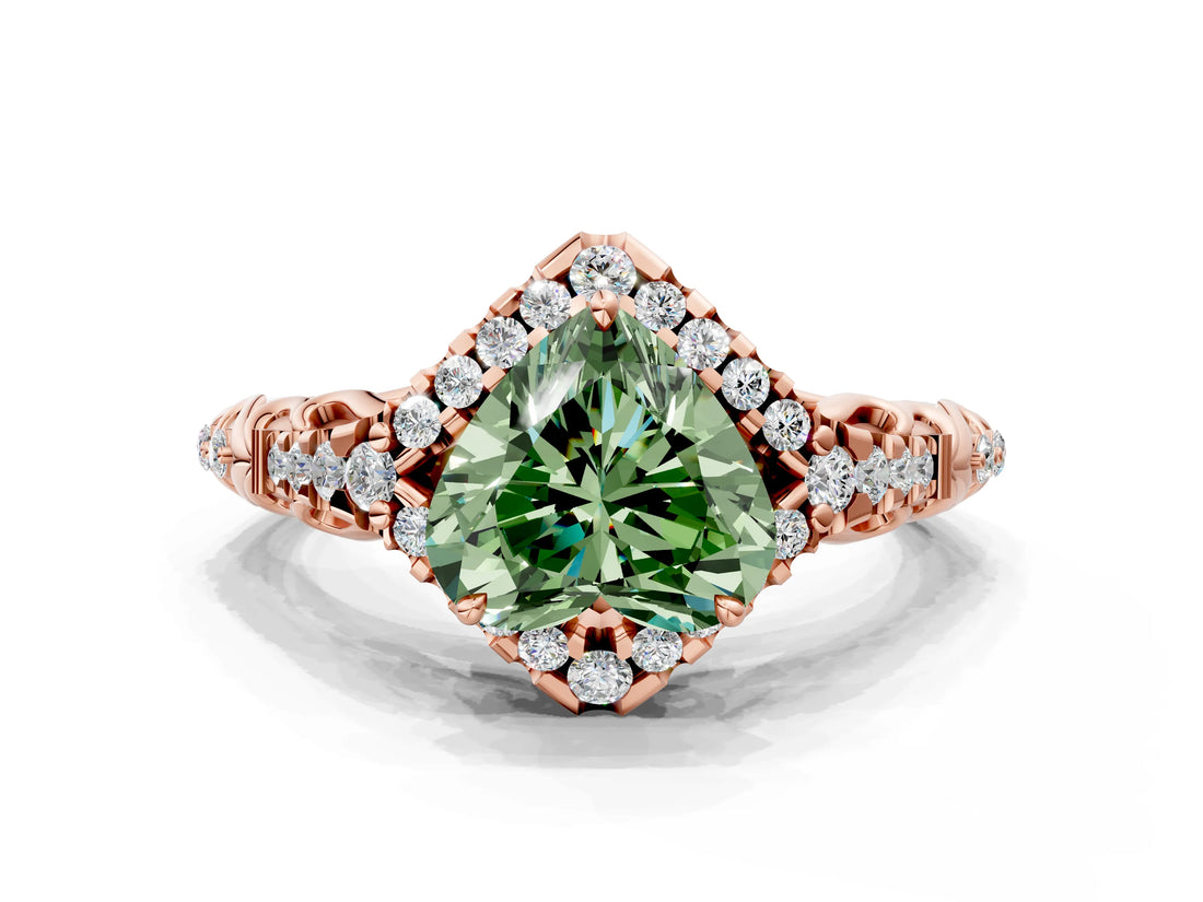 Rose gold Fancy Green Heart Cut Diamond Solitaire Ring with Hidden Halo and Pavé Band_27