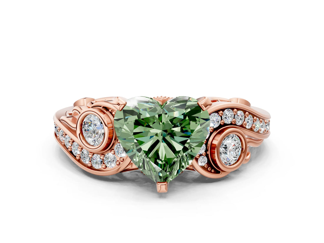 Rose gold Fancy Green Heart Cut Diamond Solitaire Ring with Milgrain Pavé Band and Four-Prong Setting_17