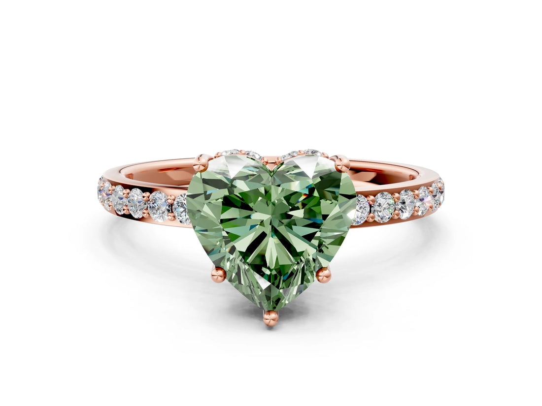 Rose gold Fancy Green Heart Cut Diamond Solitaire Ring with Pavé Band and Hidden Halo_68
