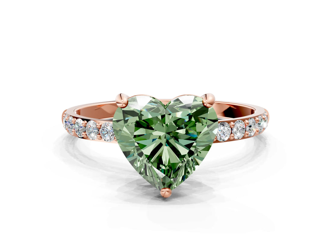 Rose gold Fancy Green Heart Cut Diamond Solitaire Ring with Pave Band and Four Prong Setting_17
