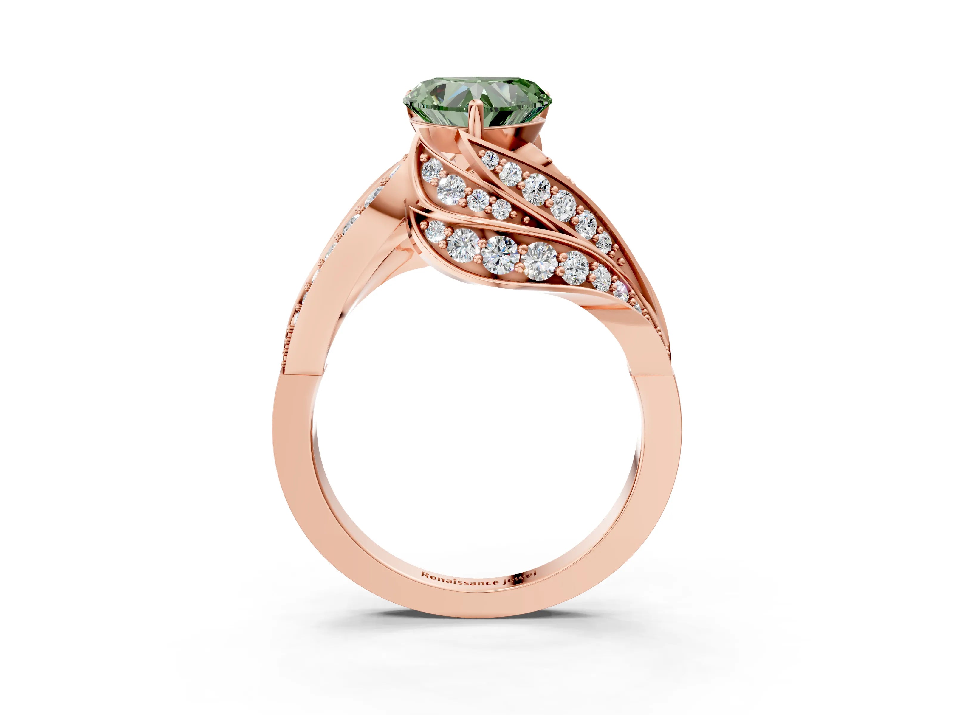 Rose gold Fancy Green Heart Cut Diamond Solitaire Ring with Prong Setting and Twisted Pavé Band_3