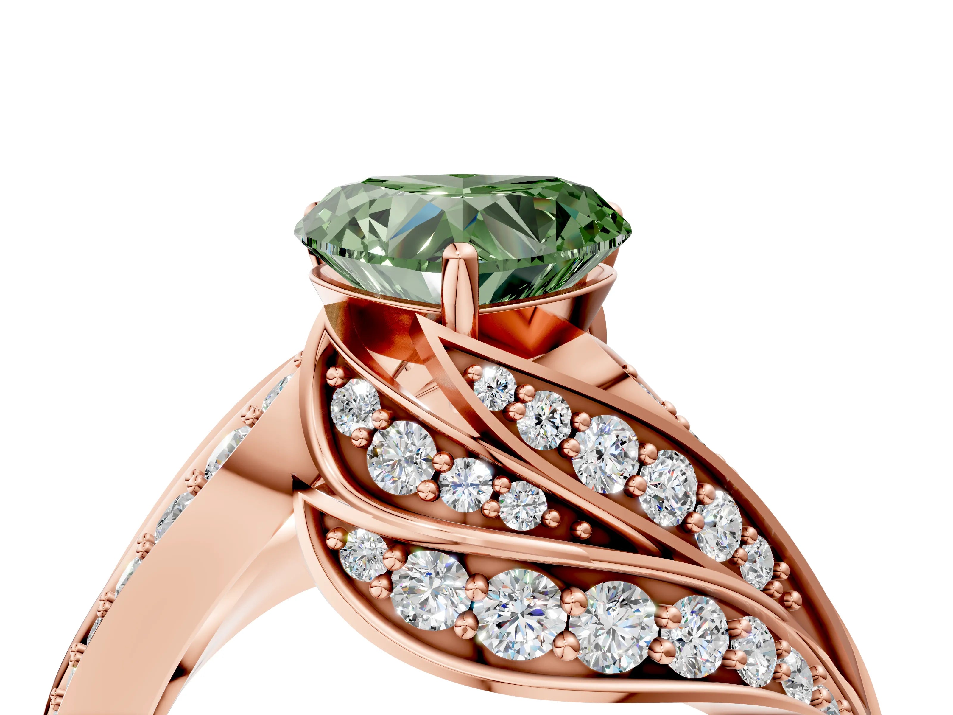Rose gold Fancy Green Heart Cut Diamond Solitaire Ring with Prong Setting and Twisted Pavé Band_4