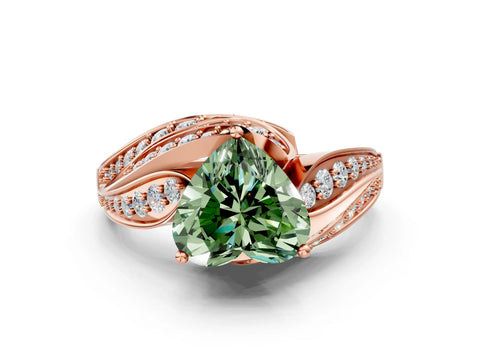 Rose gold Fancy Green Heart Cut Diamond Solitaire Ring with Prong Setting and Twisted Pavé Band