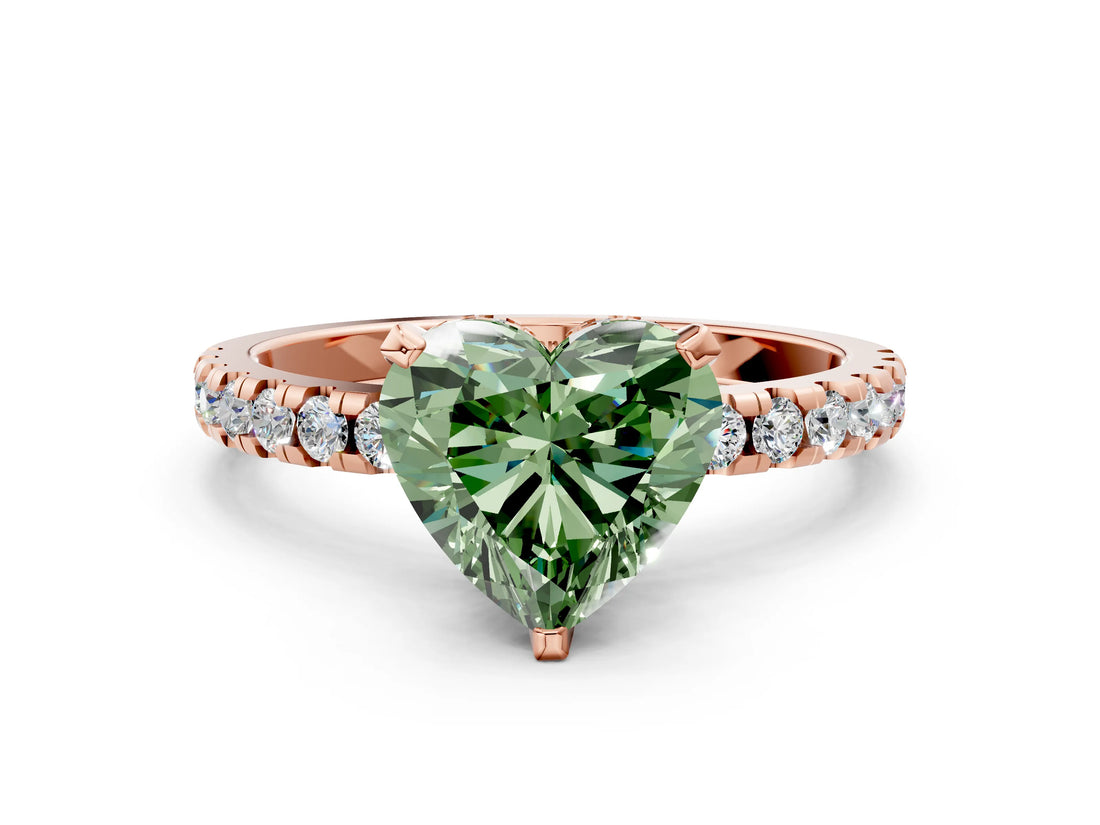 Rose gold Fancy Green Heart Cut Diamond Solitaire Ring with Round  Pavé Band and Four-Prong Setting_36