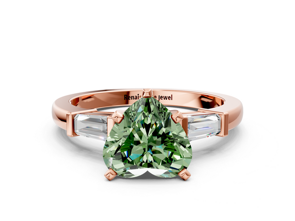 Rose gold Fancy Green Heart  Cut Diamond Solitaire Ring with Tapered Baguette Accents and Four-Prong Setting