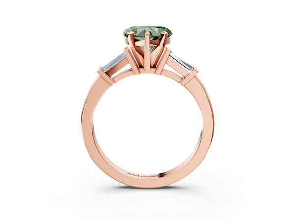 Rose gold Fancy Green Heart  Cut Diamond Solitaire Ring with Tapered Baguette Accents and Four-Prong Setting