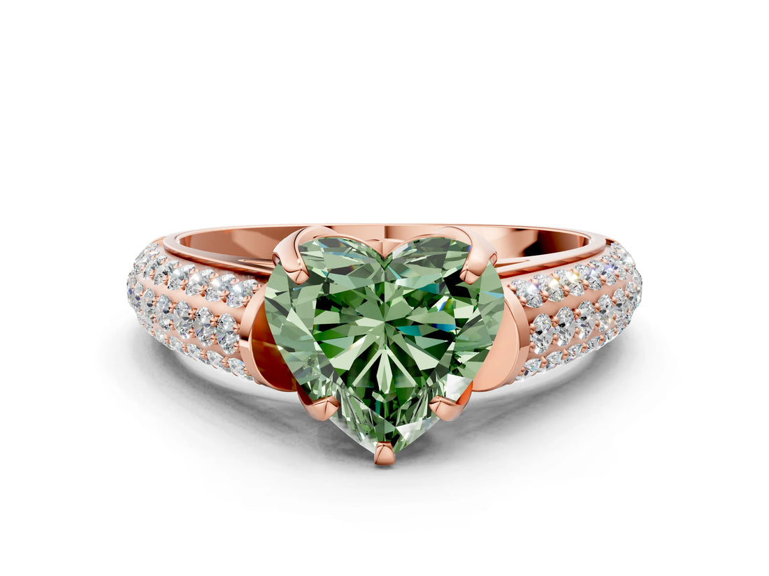 Rose gold Fancy Green Heart Cut Diamond Solitaire Ring with Three-Row Pavé Band and Four-Prong Setting_17
