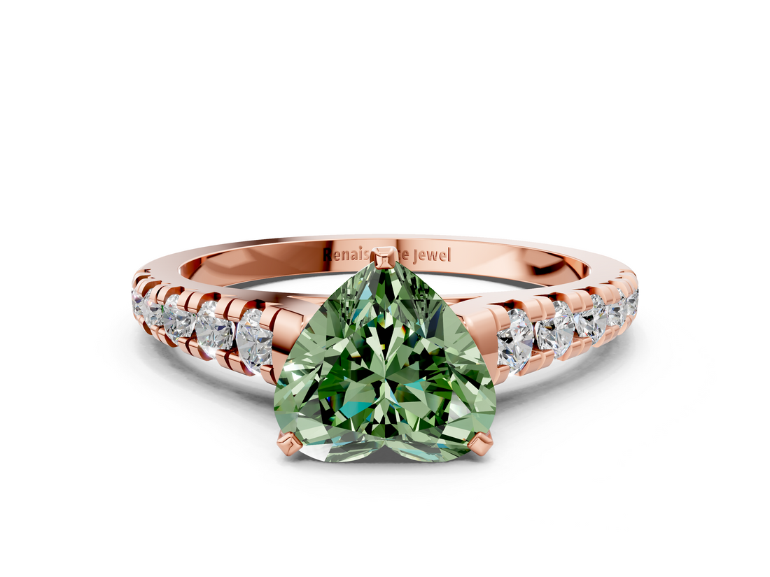 Rose gold Fancy Green Heart  Cut Diamond Solitaire with Pave Band and Four-Prong Setting