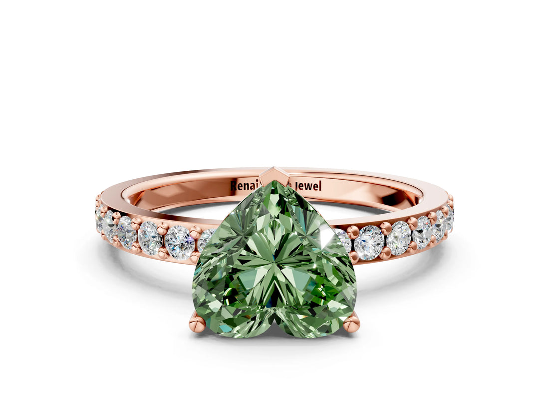 Rose gold Fancy Green Heart  Cut Diamond Solitaire with Pave Band and Four-Prong Setting