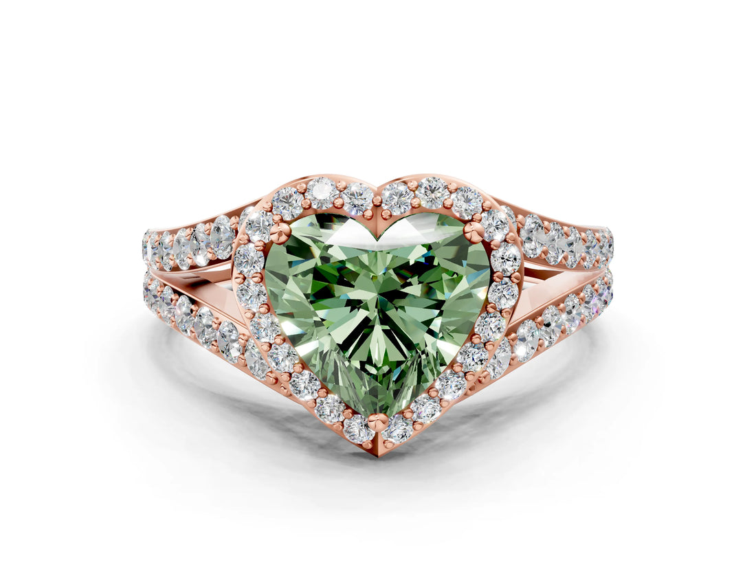 Rose gold Fancy Green Heart Cut Diamond Split Shank Halo Ring with Four-Prong Setting_22