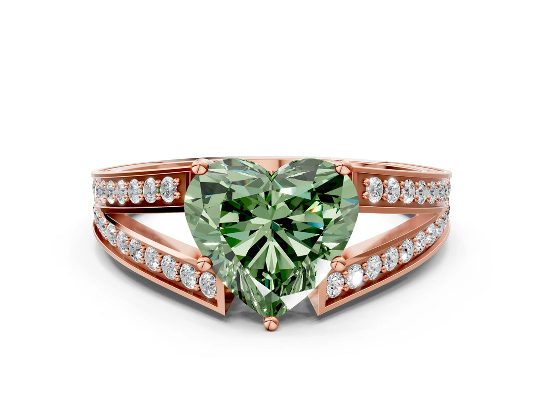 Rose gold Fancy Green Heart Cut Diamond Split Shank Ring with Pavé Band and Four-Prong Setting_17