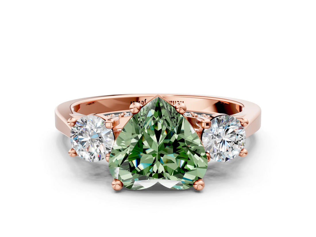Rose gold Fancy Green Heart Cut Diamond Three-Stone Engagement Ring with Prong Setting and Pavé Band