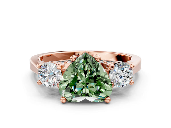 Rose gold Fancy Green Heart Cut Diamond Three-Stone Engagement Ring with Prong Setting and Pavé Band