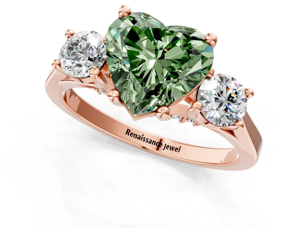 Rose gold Fancy Green Heart Cut Diamond Three-Stone Engagement Ring with Prong Setting and Pavé Band