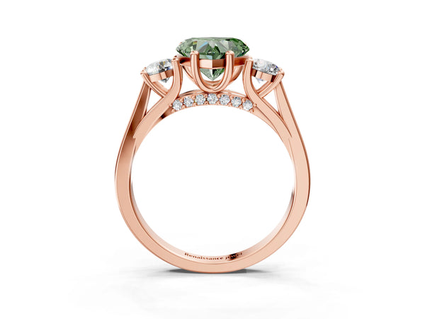 Rose gold Fancy Green Heart Cut Diamond Three-Stone Engagement Ring with Prong Setting and Pavé Band