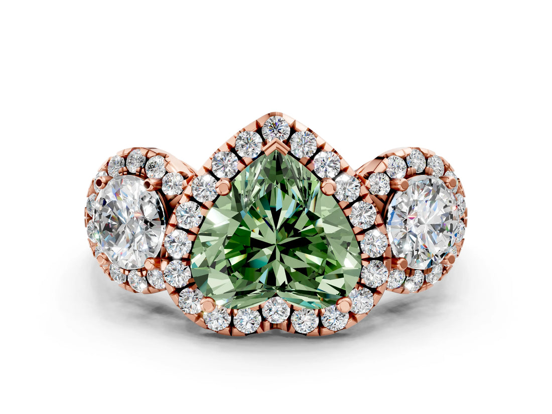Rose gold Fancy Green Heart Cut Diamond Three-Stone Halo Ring with Prong Setting and Pavé Accents