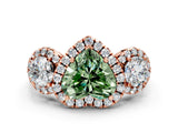Rose gold Fancy Green Heart Cut Diamond Three-Stone Halo Ring with Prong Setting and Pavé Accents