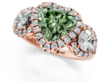 Rose gold Fancy Green Heart Cut Diamond Three-Stone Halo Ring with Prong Setting and Pavé Accents_1