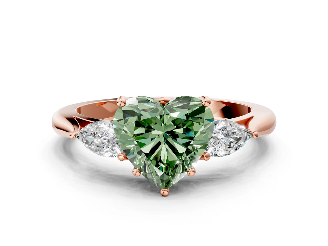 Rose gold Fancy Green Heart Cut Diamond Three-Stone Ring with Pear Side Stones and Four-Prong Setting_47