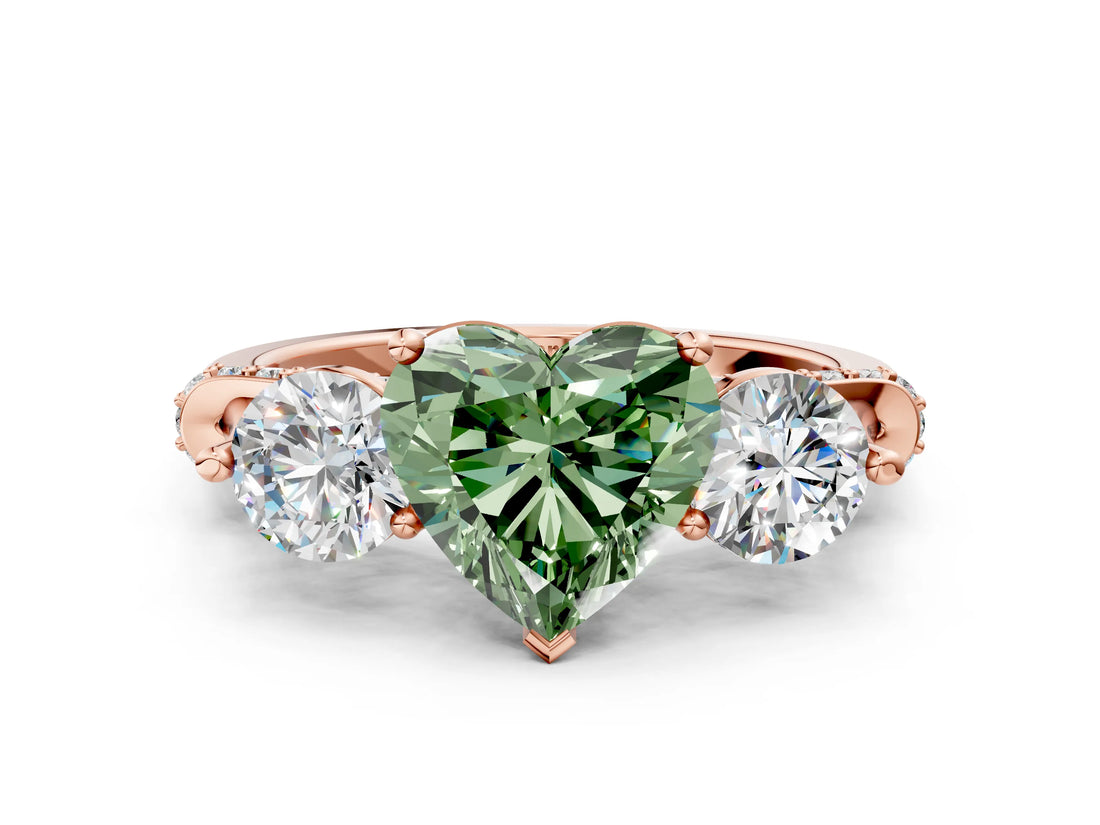 Rose gold Fancy Green Heart Cut Diamond Three-Stone Ring with Prong Setting and Pavé Band