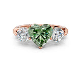 Rose gold Fancy Green Heart Cut Diamond Three-Stone Ring with Prong Setting and Pavé Band