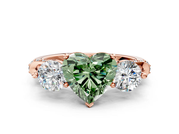 Rose Gold Heart-Shaped Curved Pave Three Stone Engagement Ring Setting for Fancy Green Center