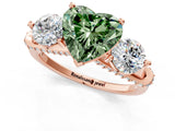 Rose gold Fancy Green Heart Cut Diamond Three-Stone Ring with Prong Setting and Pavé Band_1
