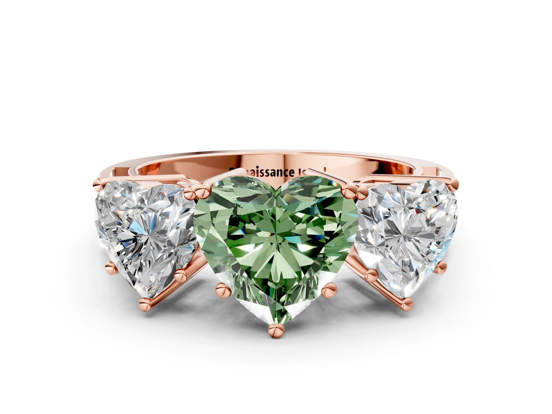Rose gold Fancy Green Heart Cut Diamond Three-Stone Ring with Prong Setting and Textured Band