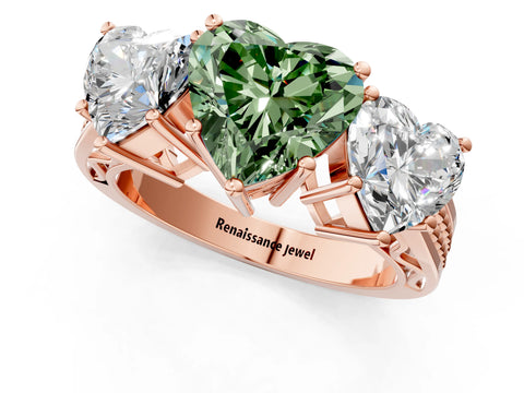 Rose gold Fancy Green Heart Cut Diamond Three-Stone Ring with Prong Setting and Textured Band_1