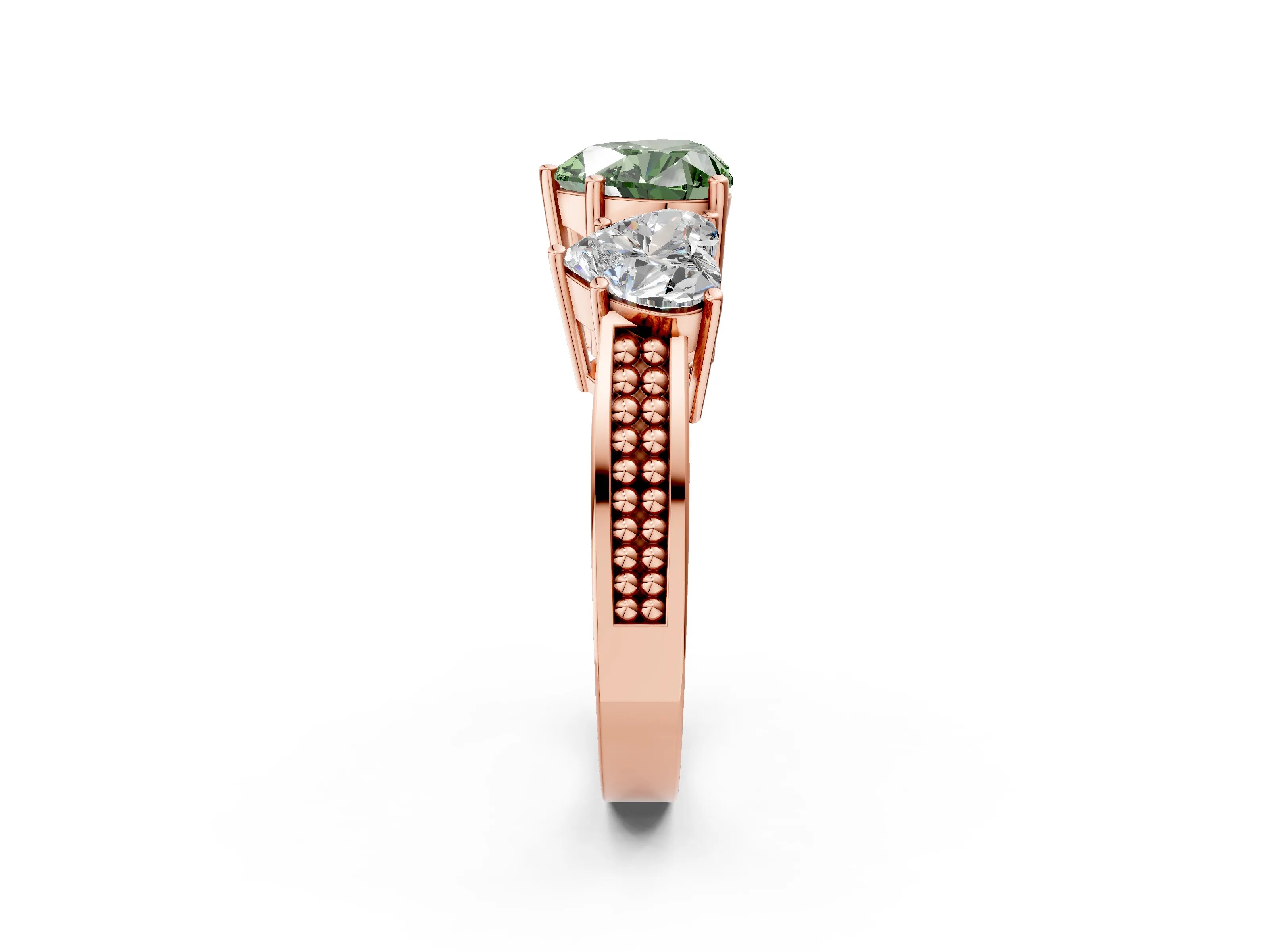 Rose gold Fancy Green Heart Cut Diamond Three-Stone Ring with Prong Setting and Textured Band_2