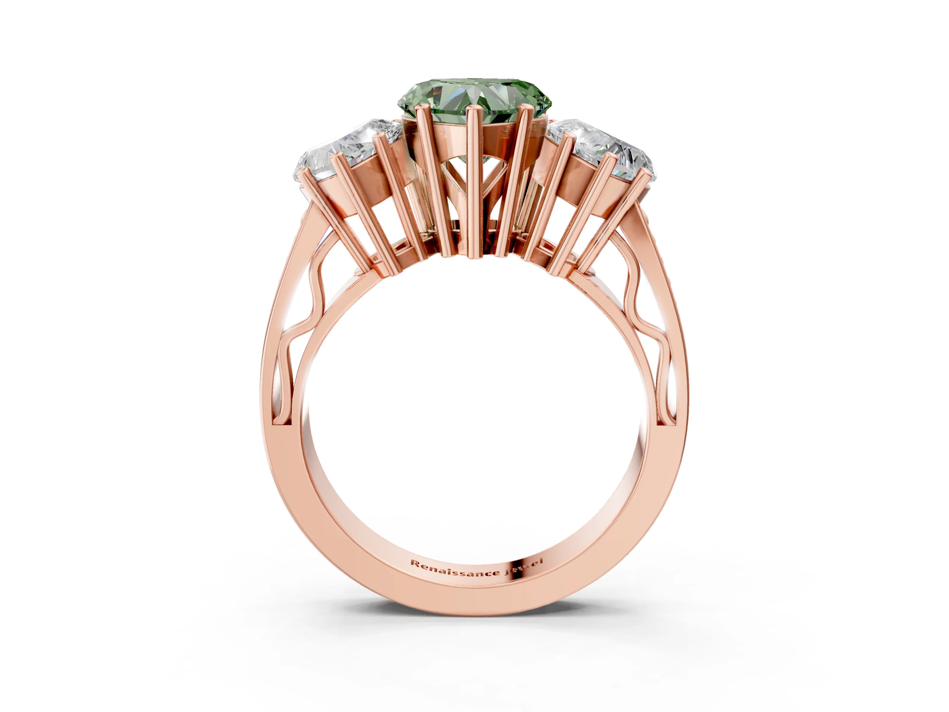 Rose gold Fancy Green Heart Cut Diamond Three-Stone Ring with Prong Setting and Textured Band_3