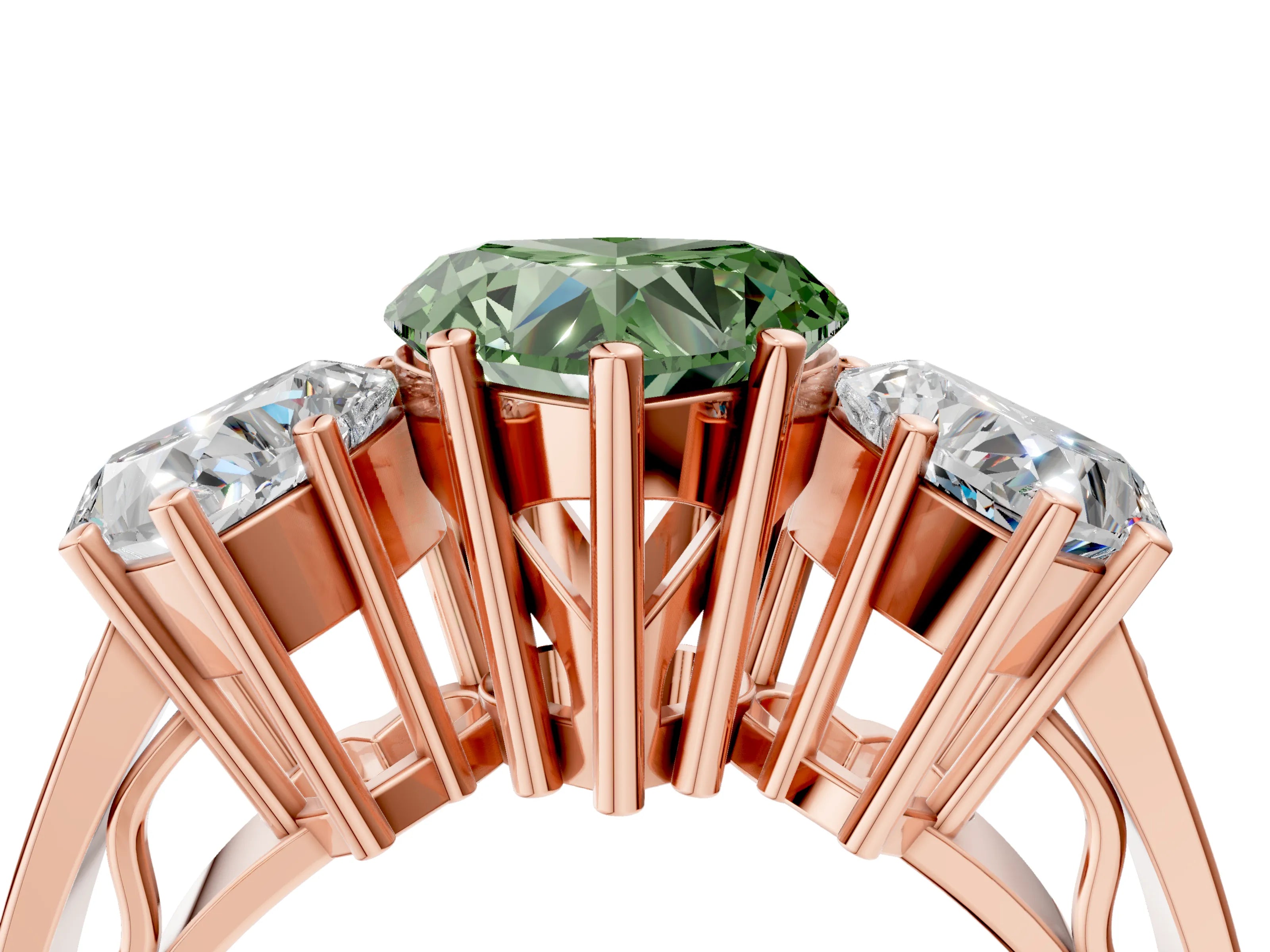 Rose gold Fancy Green Heart Cut Diamond Three-Stone Ring with Prong Setting and Textured Band_4