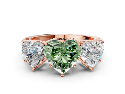 Rose gold Fancy Green Heart Cut Diamond Three-Stone Ring with Prong Setting and Textured Band