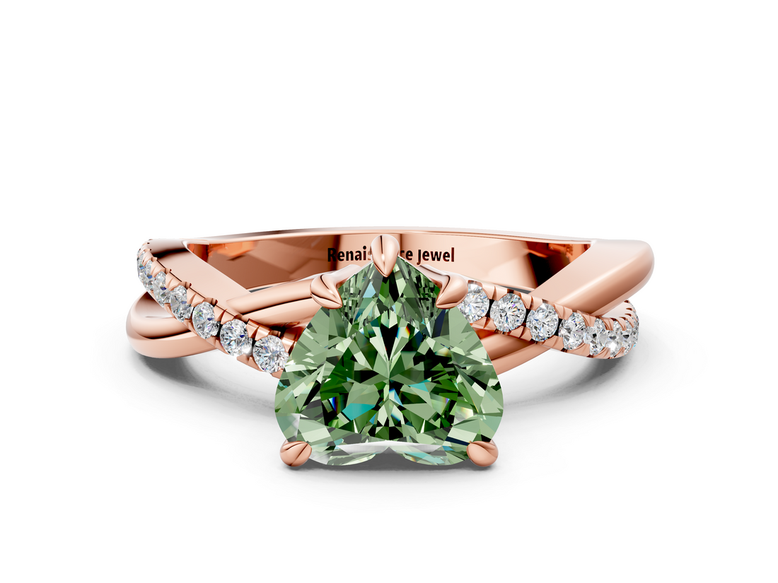 Rose gold Fancy Green Heart  Cut Diamond Twist Band Solitaire with Prong Setting