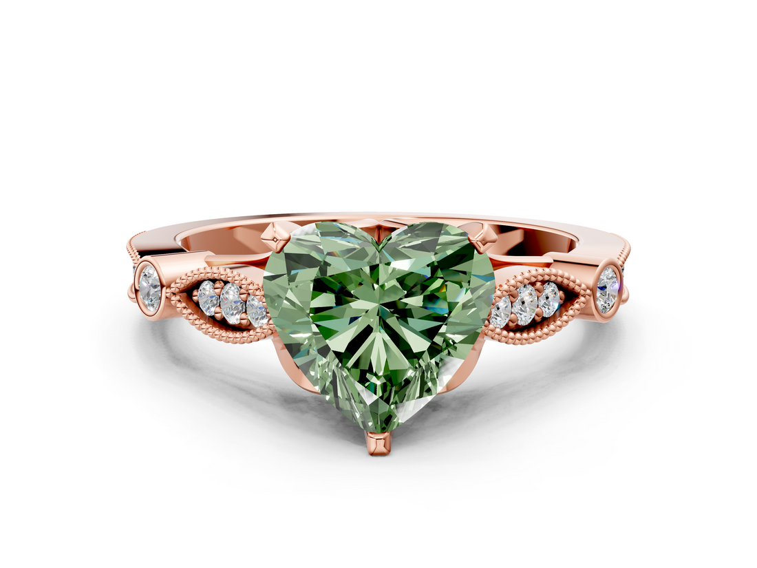 Rose gold Fancy Green Heart  Cut Diamond with Milgrain Marquise and Bezel Accents on a Solitaire Band with Prong Setting
