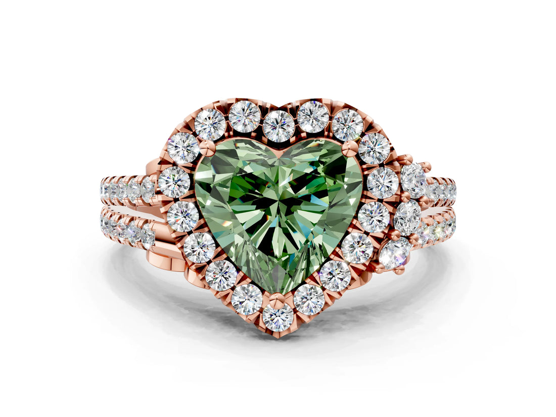 Rose gold Fancy Green Heart  Cut Double Halo Diamond Engagement Ring with Pave Band and Four-Prong Setting_43