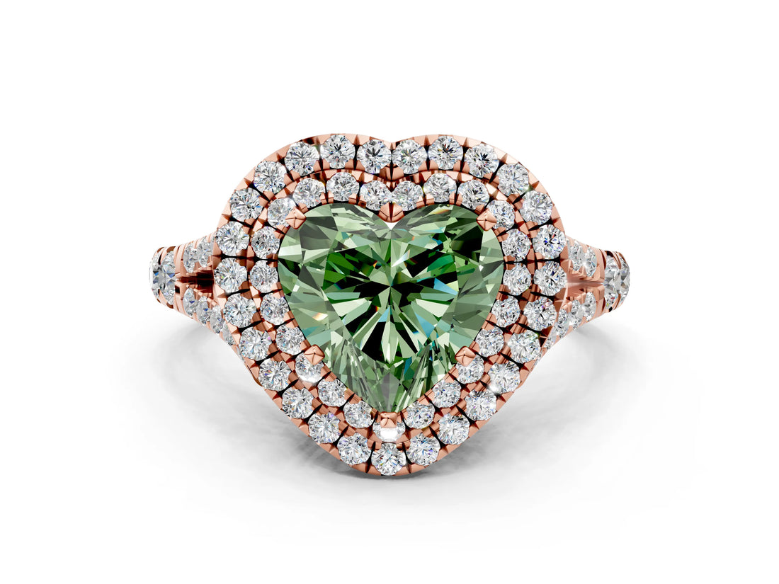 Rose gold Fancy Green Heart  Cut Double Halo Split Shank Diamond Ring with Prong Setting_29