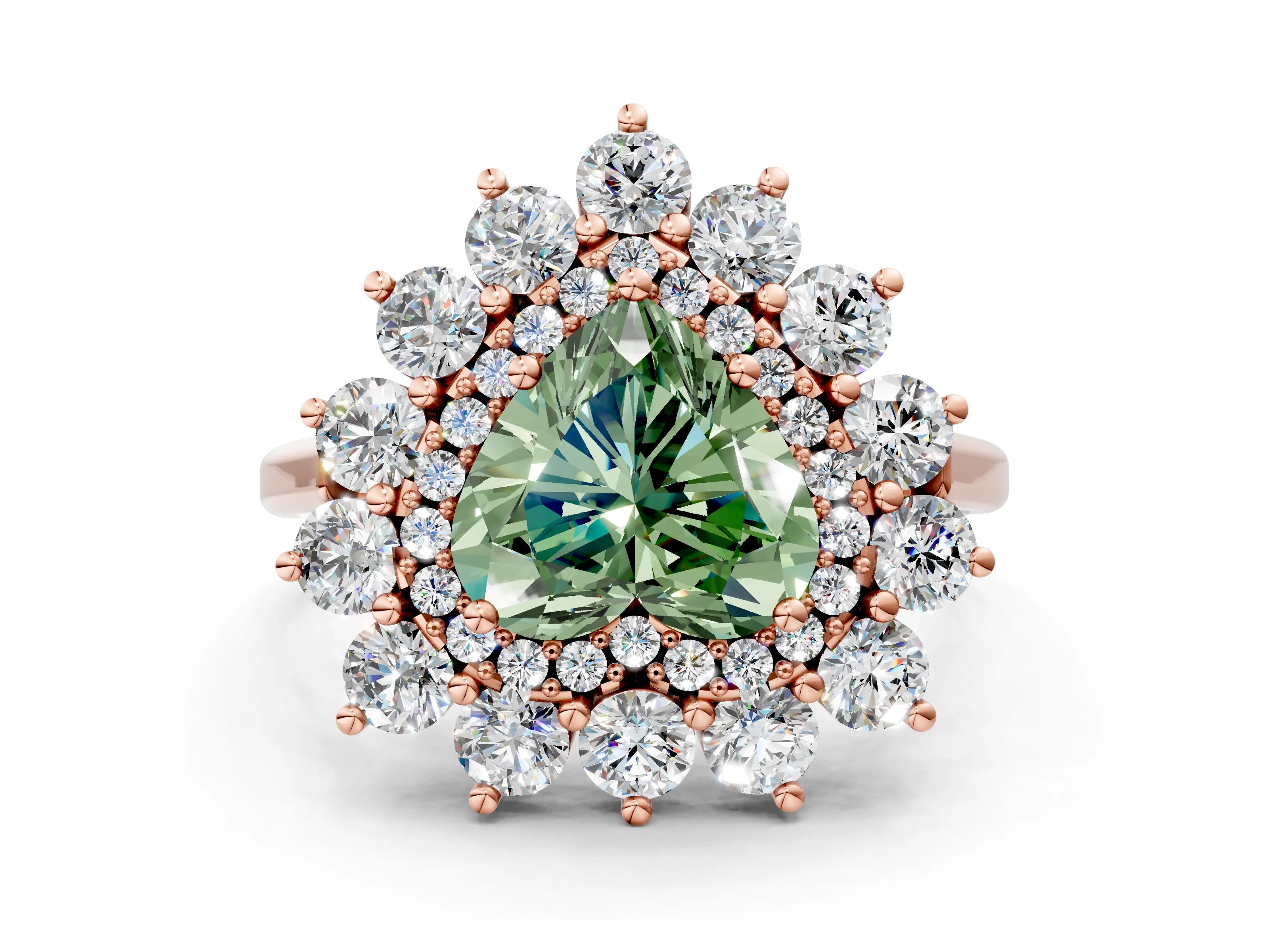 Rose gold Fancy Green Heart Cut Halo Cluster Diamond Ring with Pave Band and Four-Prong Setting
