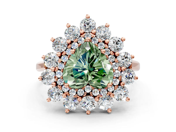 Rose gold Fancy Green Heart Cut Halo Cluster Diamond Ring with Pave Band and Four-Prong Setting