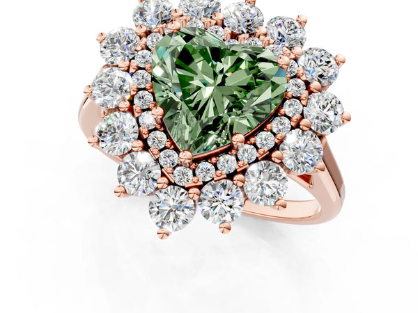 Rose gold Fancy Green Heart Cut Halo Cluster Diamond Ring with Pave Band and Four-Prong Setting